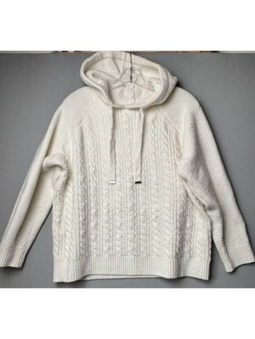 Cupcakes and Cashmere Women's 1X Ivory Cable Knit Hooded Sweater Cozy Pullover